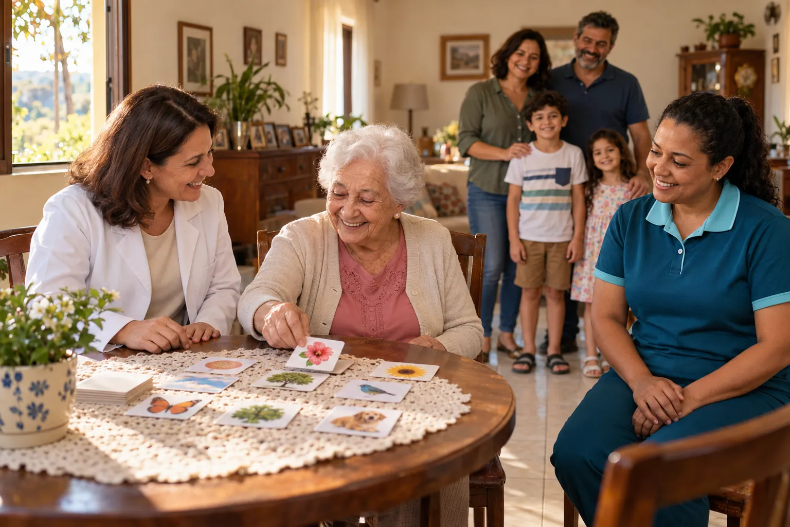 Idosa sorrindo em atividade de estímulo cognitivo com uma especialista, cuidadora Human Life ao lado e a família ao fundo, na sala de casa