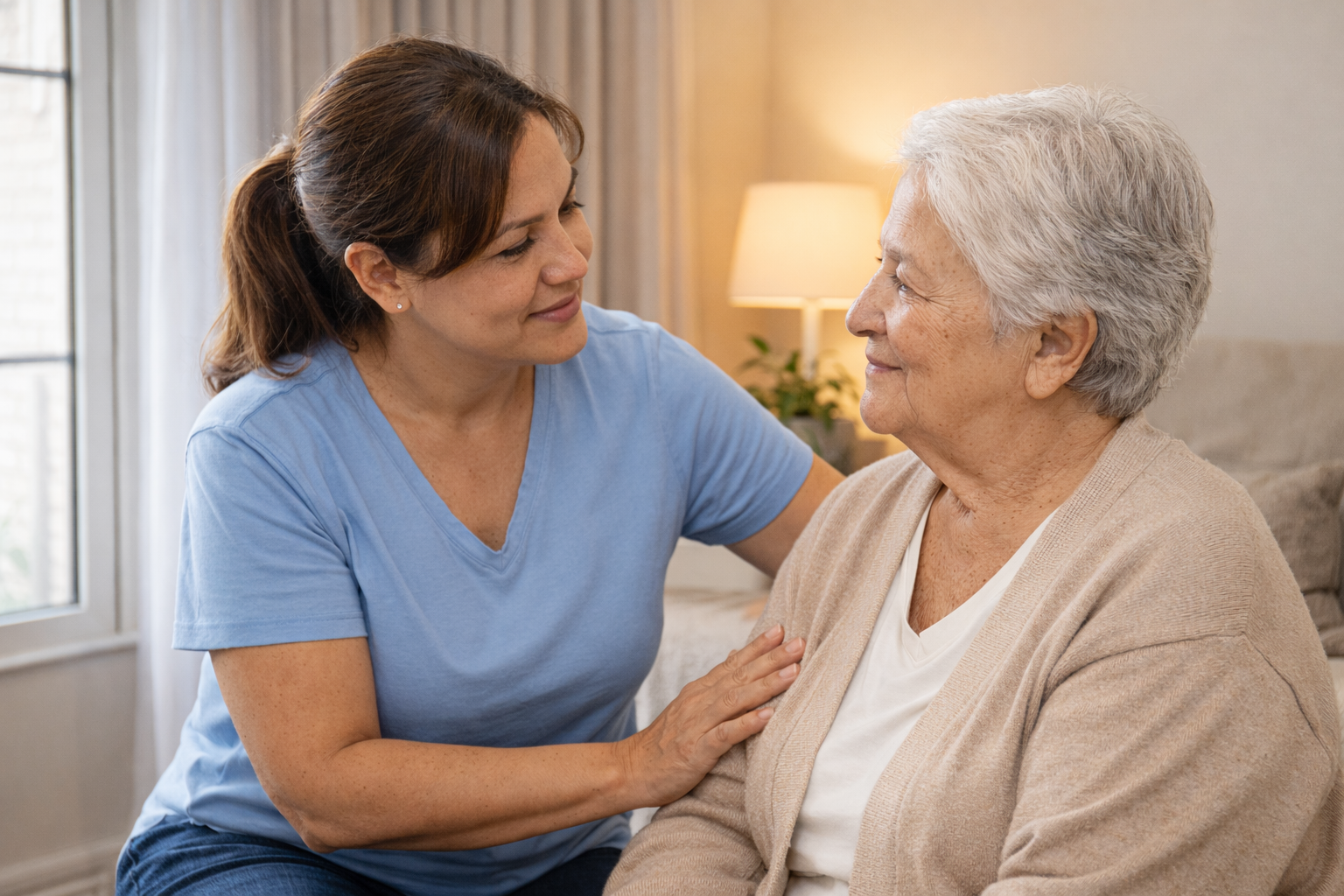 Cuidadora ajudando uma pessoa idosa com Alzheimer a se preparar para o banho com respeito